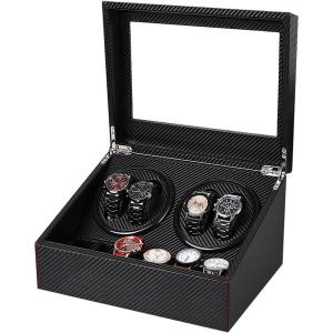 imageJampampT Technology 4 Watch Winder for Automatic WatchesWatch Winder Box with 6 Watch Storages  LED LightQuiet Mabuchi Motor4 Rotation ModesAC Adapter Black Carbon Fiber LeatherCarbon Fiber Leather