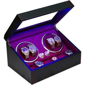 imageJampampT Technology 4 Watch Winder for Automatic WatchesWatch Winder Box with 6 Watch Storages  LED LightQuiet Mabuchi Motor4 Rotation ModesAC Adapter Black Carbon Fiber LeatherRed Carbon Fiber Leather